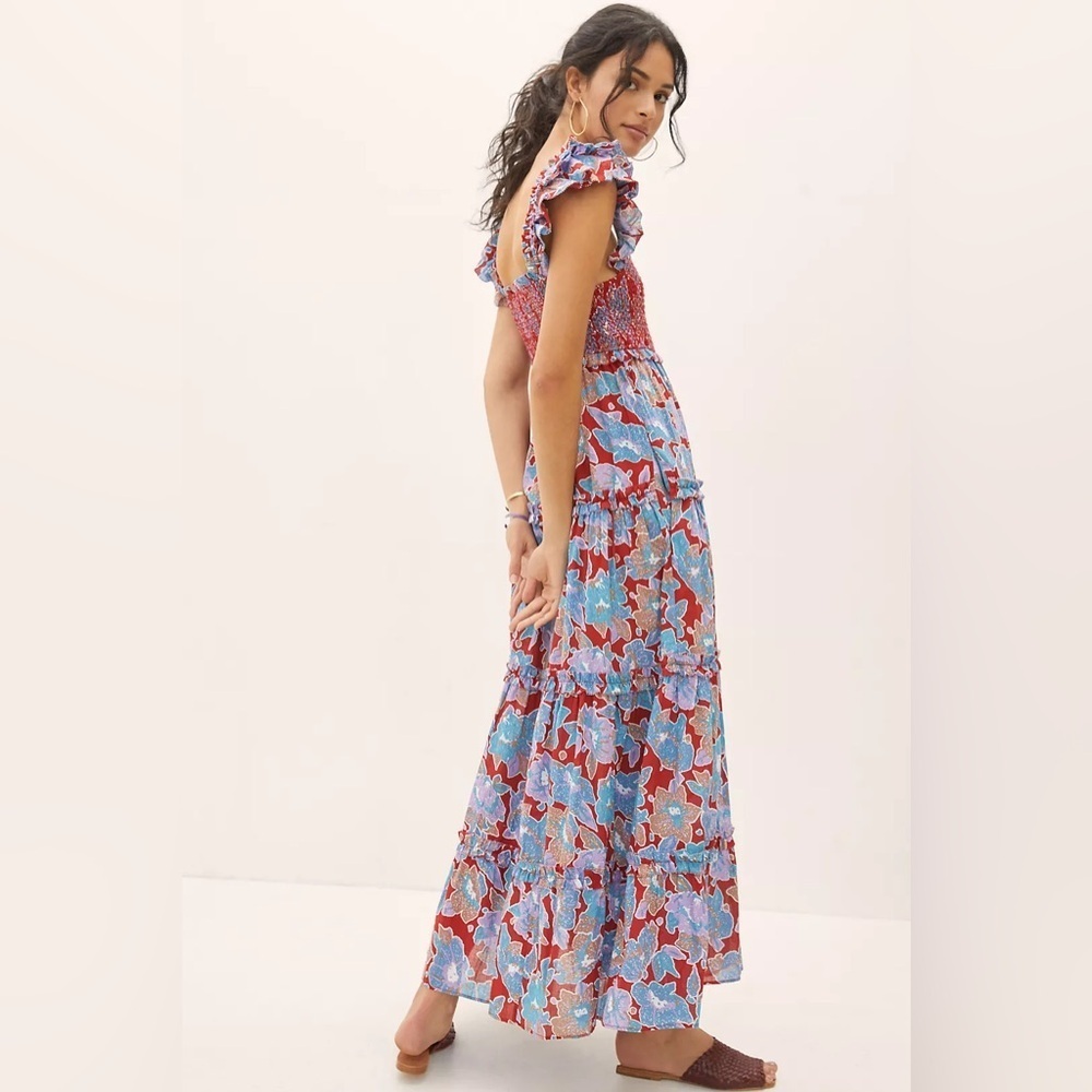Anthropologie Love the Lable Bouquet Smocked Maxi Dress Size Large Blue Red - Picture 7 of 8